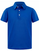 Boys royal blue polo shirt with classic collar and flexible stretch fabric for everyday comfort.
