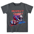 Boys gray rugby ball graphic T shirt with sporty design, comfortable cotton blend shirt for casual wear.