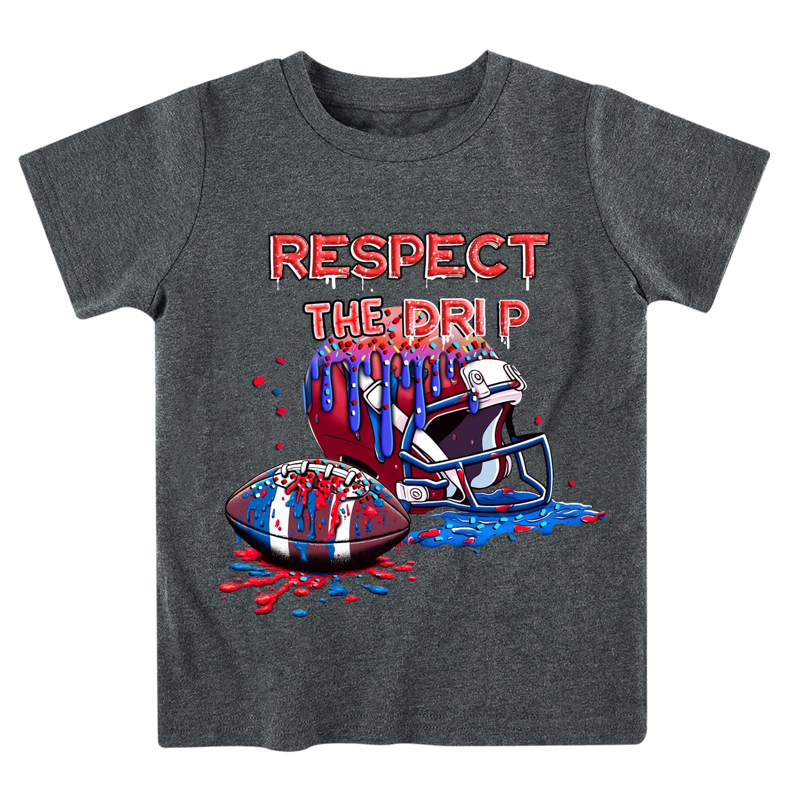 Boys gray rugby ball graphic T shirt with sporty design, comfortable cotton blend shirt for casual wear.