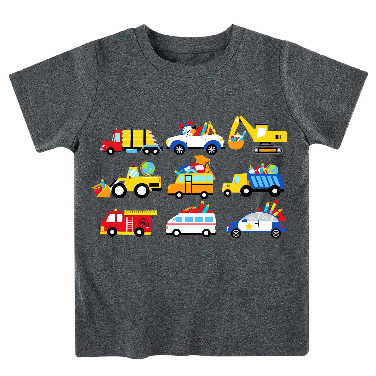 Boys school cars graphic T shirt with fun vehicle print, comfortable kids top for daily wear.
