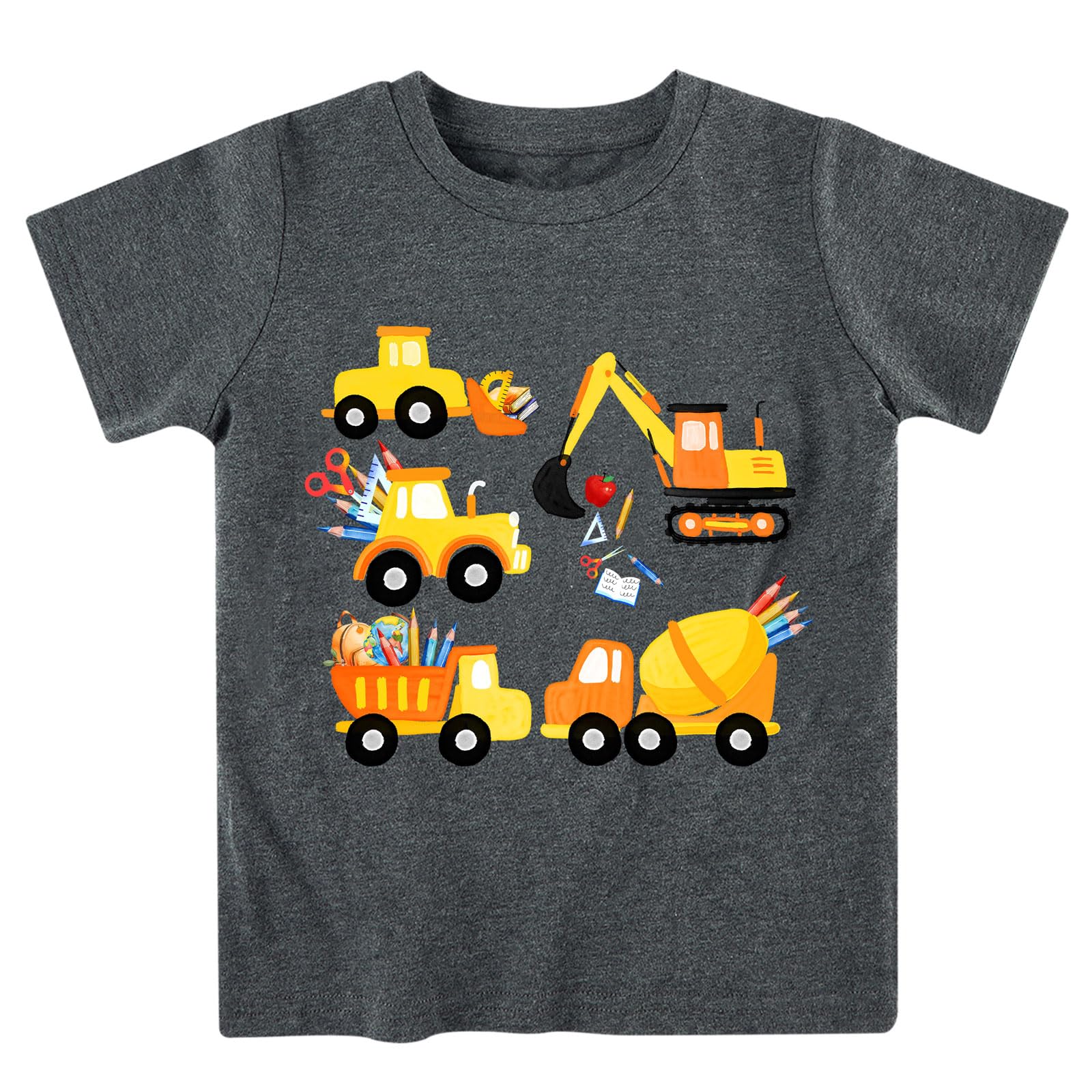 Boys school excavator graphic T shirt featuring construction vehicle design, soft cotton top for everyday outfits.