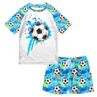 Boys soccer print rash guard swim set with short sleeve top and coordinating swim trunks for beach, pool and summer activities.