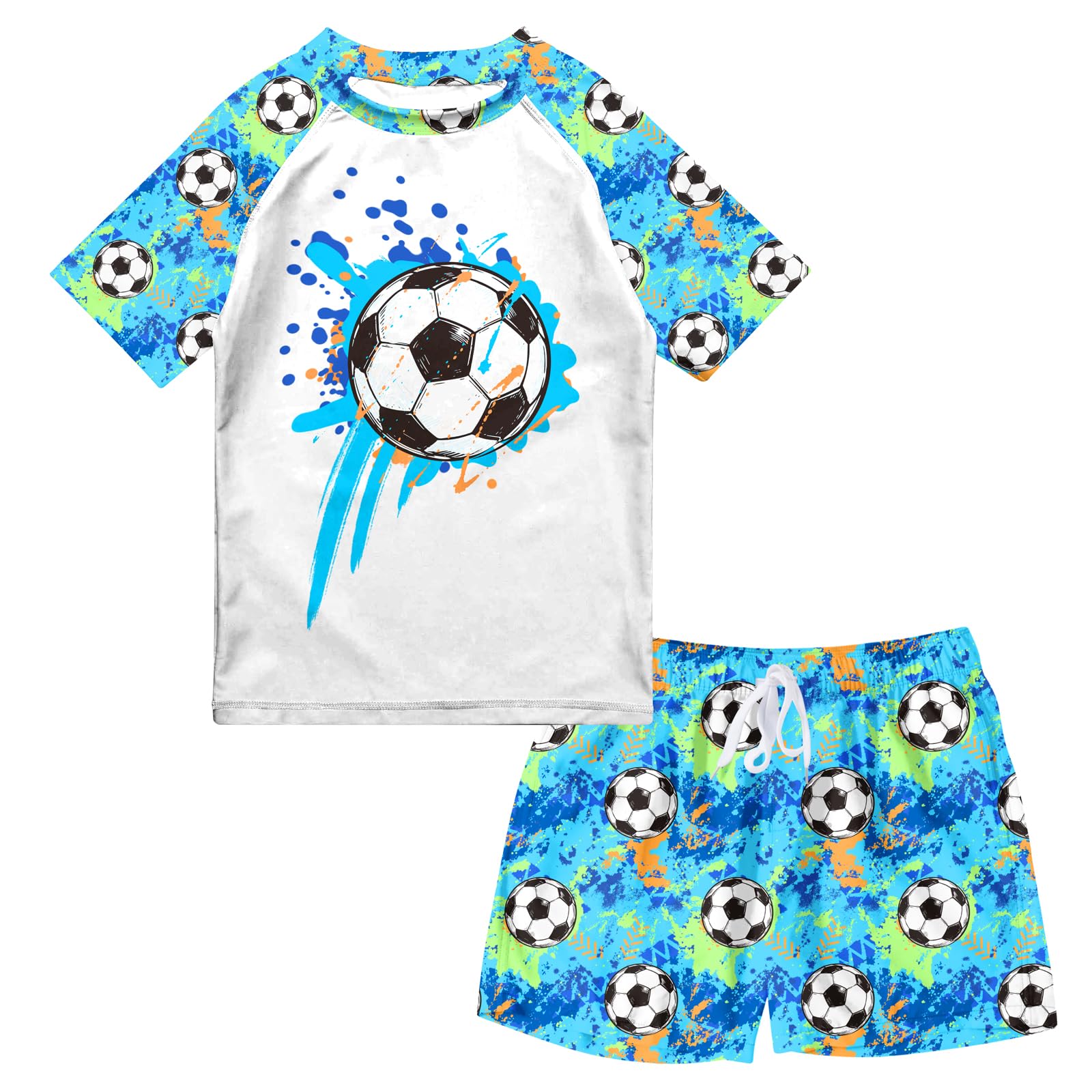 Boys soccer print rash guard swim set with short sleeve top and coordinating swim trunks for beach, pool and summer activities.