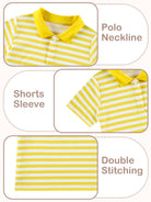 Close up details of boys striped polo shirt showing collar, two-button placket, stripe pattern and soft fabric texture.