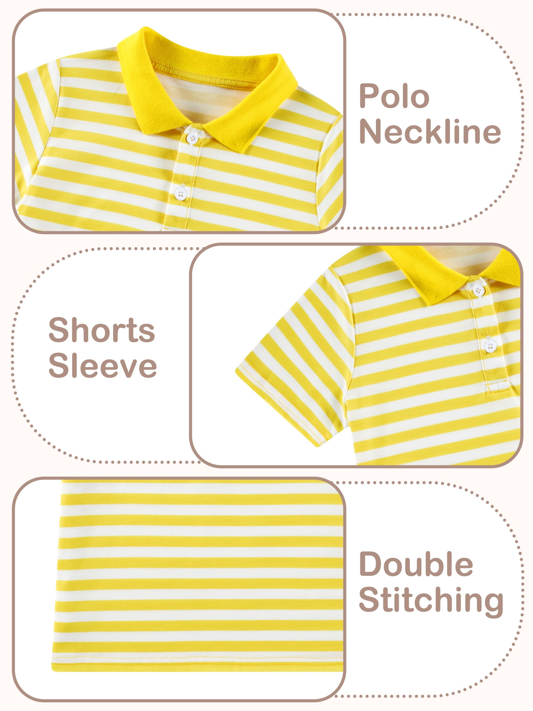 Close up details of boys striped polo shirt showing collar, two-button placket, stripe pattern and soft fabric texture.