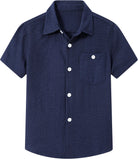 Navy blue boys striped polo shirt with short sleeves, button front and classic resort style.