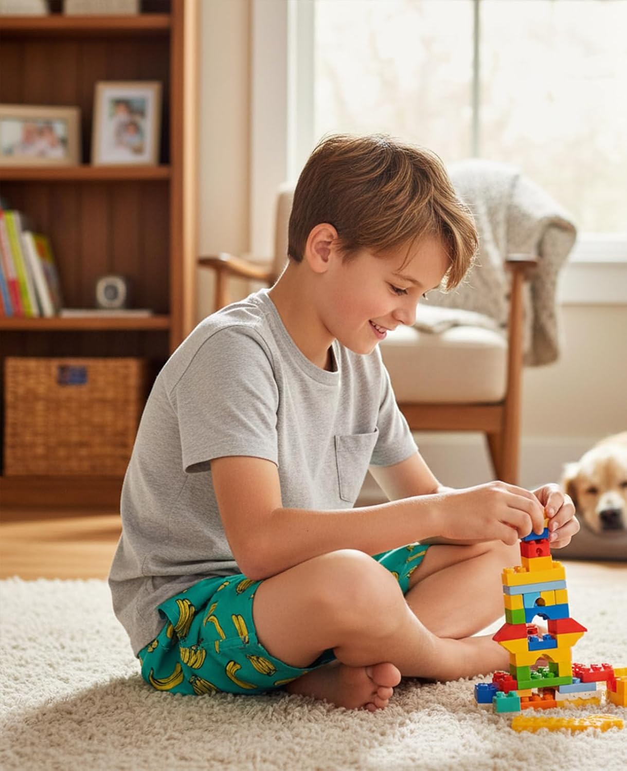 boy wearing quick dry tropical swim trunks for indoor and outdoor summer activities