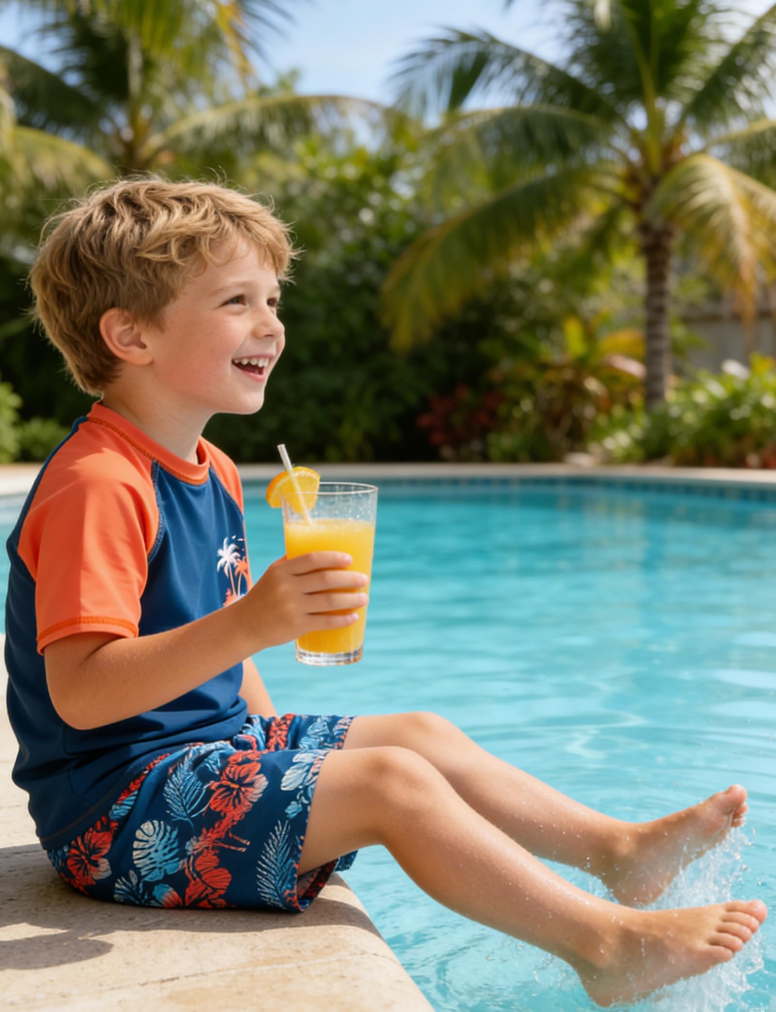 Boys summer swimwear set worn during vacation activities, perfect for swimming pools, beaches and family holidays.