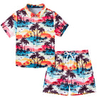 Boys Sunset Palm Hawaiian shirt and matching swim shorts with tropical print, perfect summer beachwear for kids.