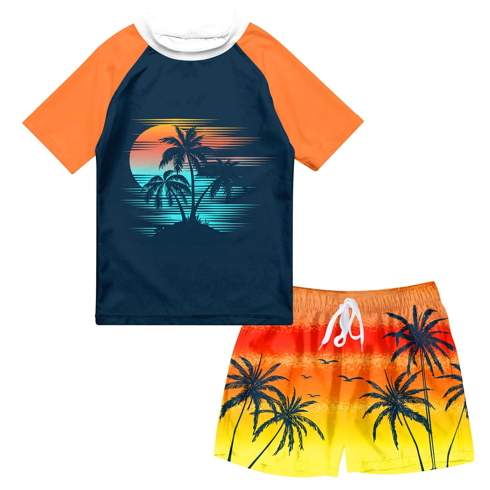 Boys Sunset two-piece swim set with dark tropical sunset rash guard and coordinating orange yellow swim trunks.