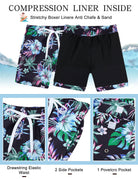 Close up of boys swim shorts showing compression liner design, comfortable waistband and quick dry fabric details.