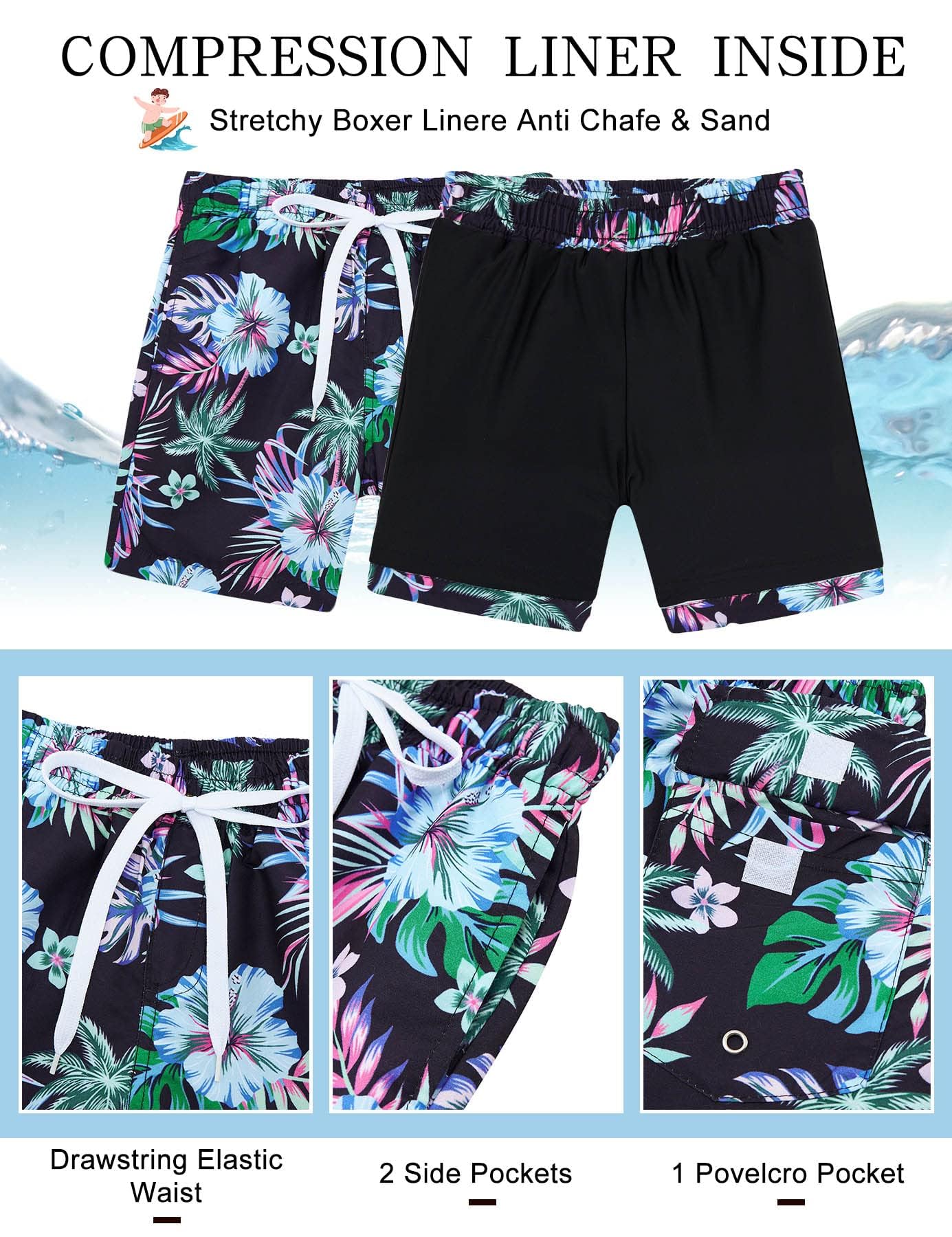 Close up of boys swim shorts showing compression liner design, comfortable waistband and quick dry fabric details.