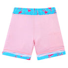 Inside view of boys blue flamingo swim trunks showing the built-in compression liner, soft inner layer and comfortable support design.