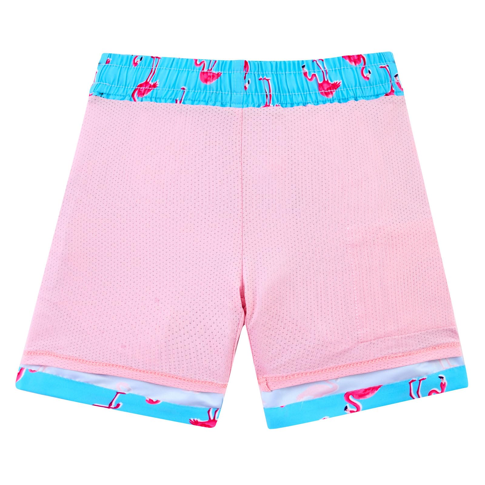Inside view of boys blue flamingo swim trunks showing the built-in compression liner, soft inner layer and comfortable support design.