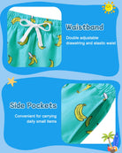 Close up details of boys swim trunks showing built-in liner, side pockets, drawstring waistband and quick dry fabric.