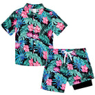Boys Tropic Shadow printed shirt and swim shorts set with tropical pattern, lightweight beachwear for summer activities.