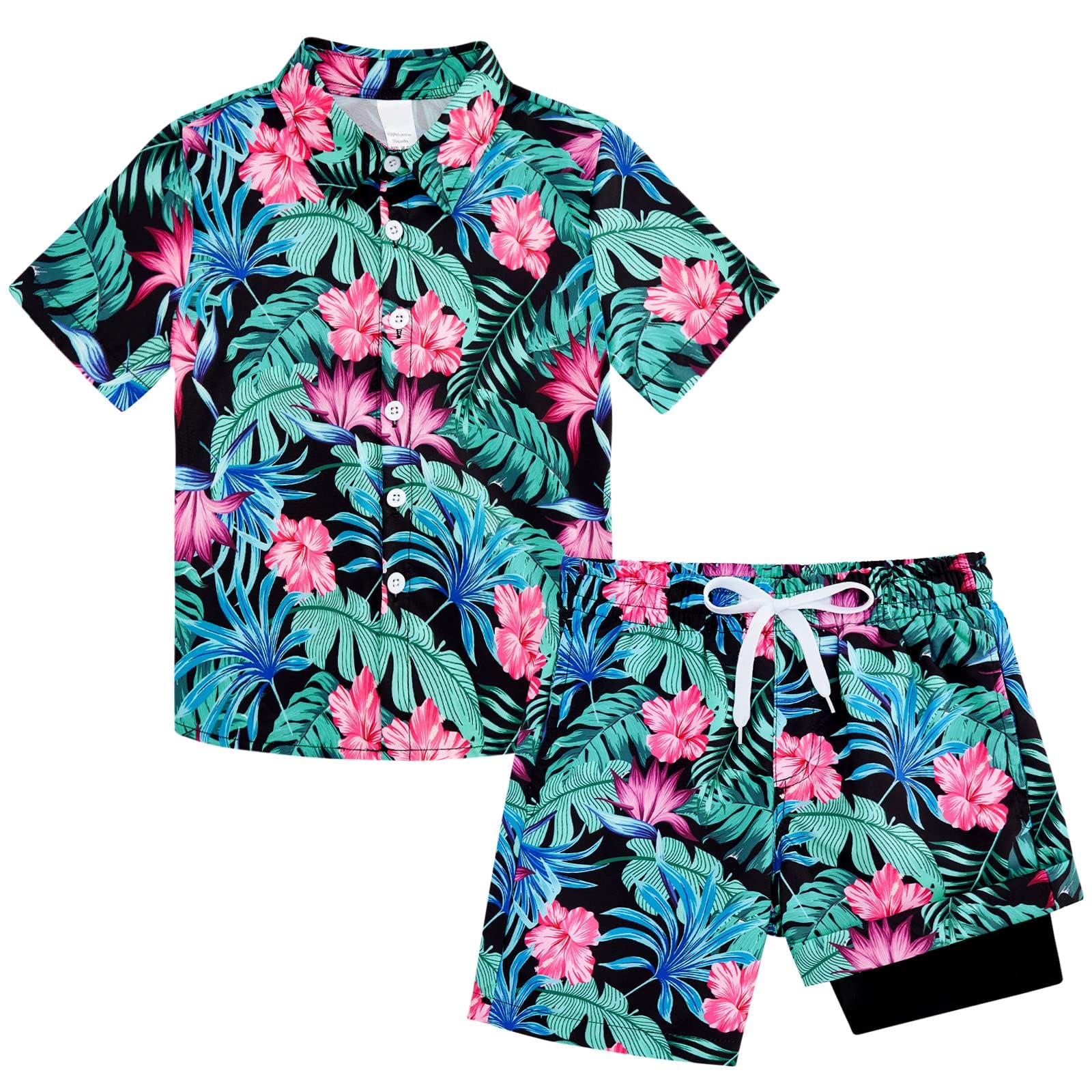 Boys Tropic Shadow printed shirt and swim shorts set with tropical pattern, lightweight beachwear for summer activities.