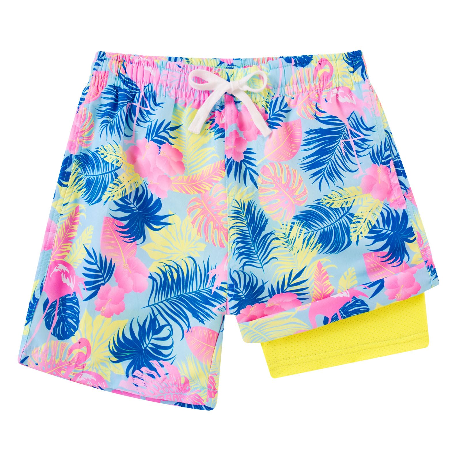 Boys tropical floral swim trunks with lightweight fabric and liner support, perfect for beach and pool days.