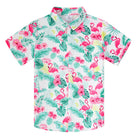 Boys light tropical plants print short sleeve button-down shirt with colorful botanical graphics for summer and vacation outfits.