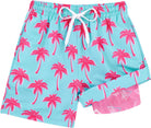 boys tropical print swim trunks with palm tree design and quick dry fabric