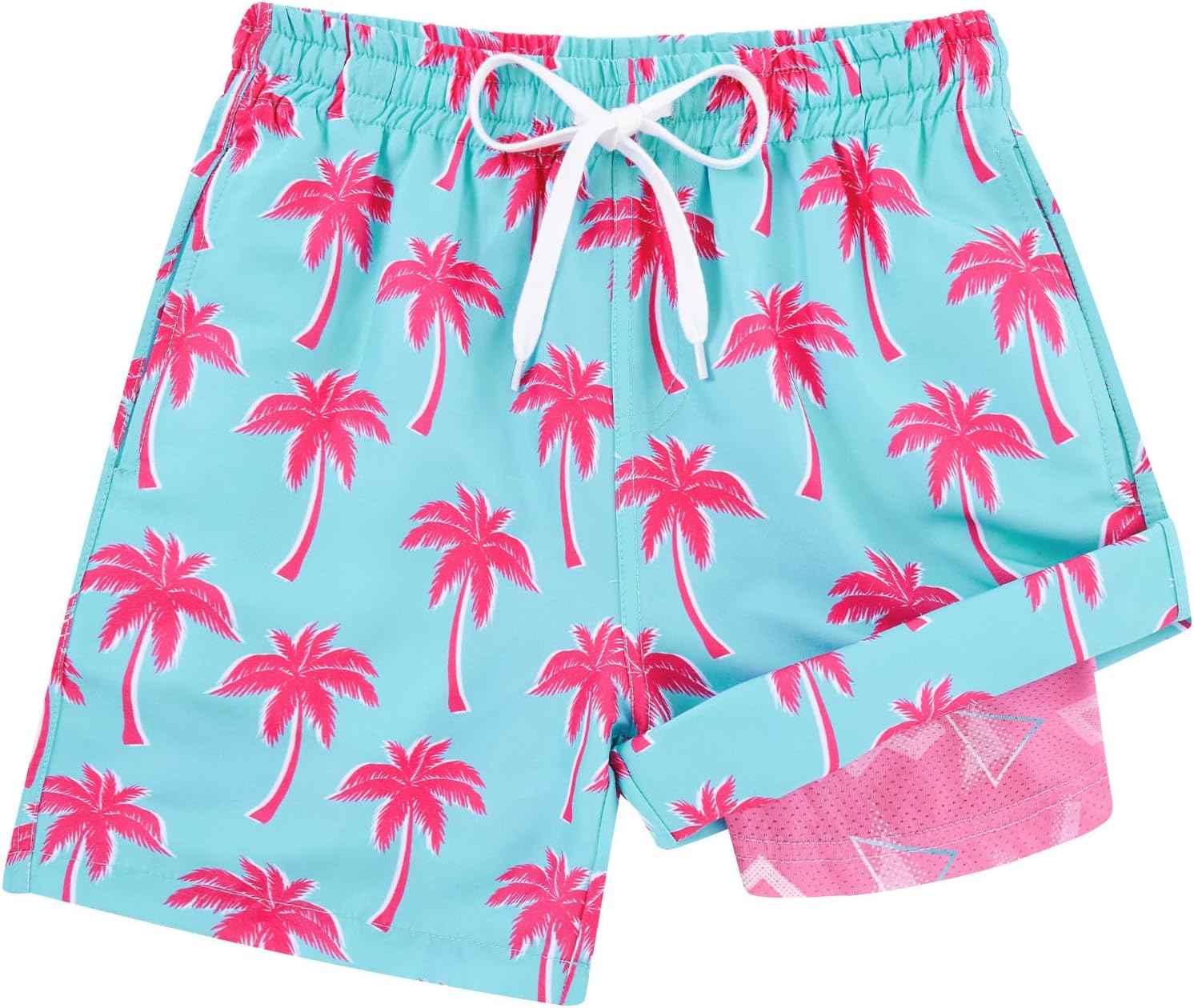 boys tropical print swim trunks with palm tree design and quick dry fabric