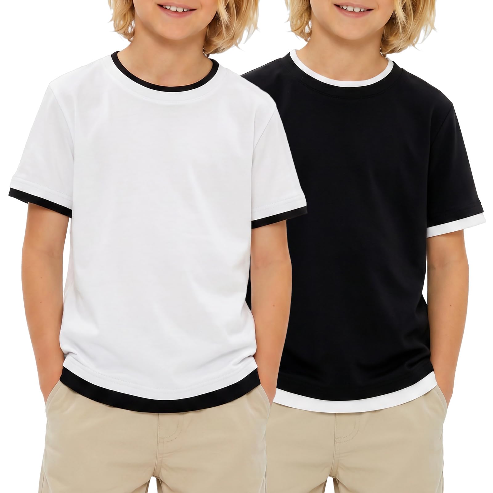 Boys white and black color block short sleeve T shirts, versatile kids tops for casual outfits.