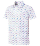 Boys white polo shirt with small all-over car graphics, short sleeves and classic collar for fun casual outfits.