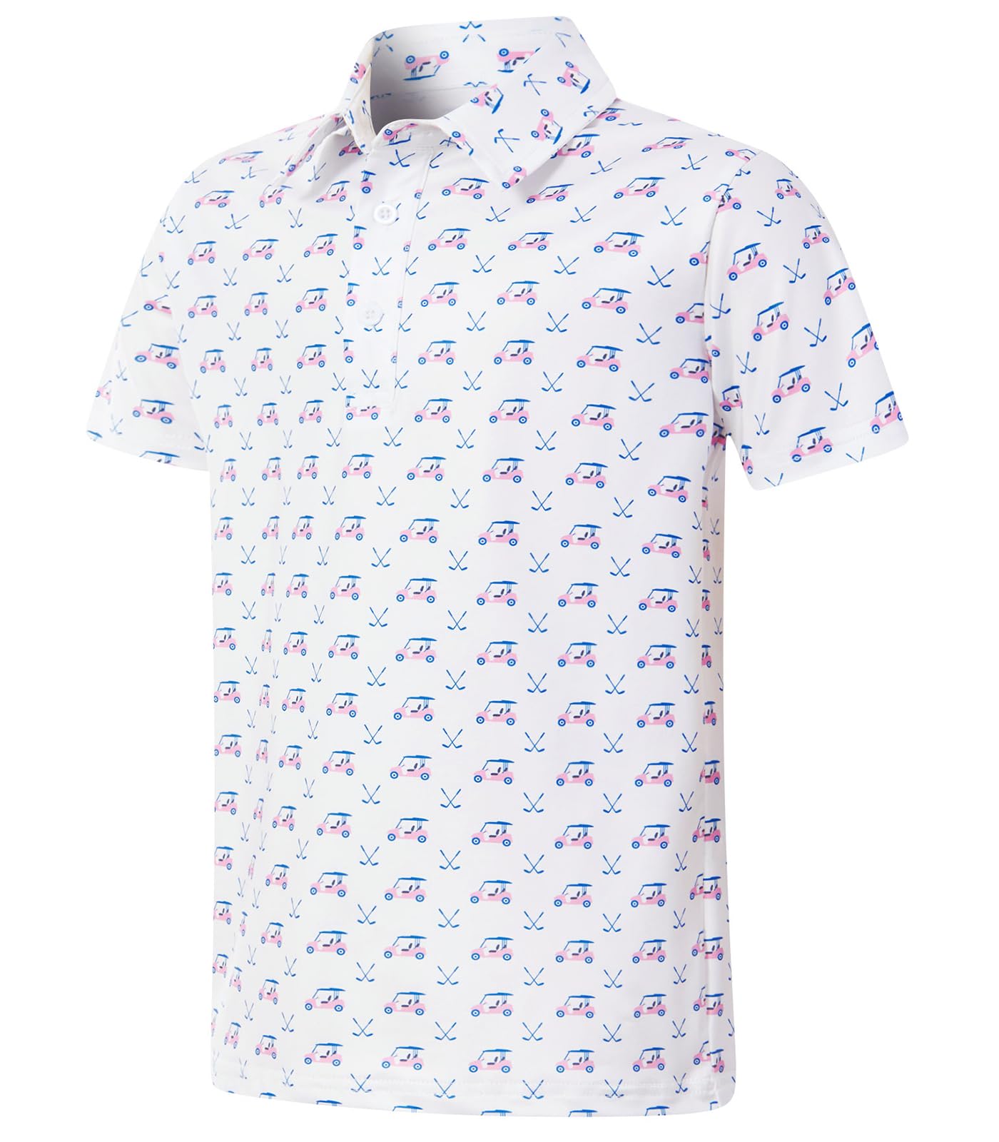 Boys white polo shirt with small all-over car graphics, short sleeves and classic collar for fun casual outfits.
