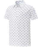 Boys white polo shirt with small all-over golf inspired print, short sleeves and classic collar for casual everyday wear.