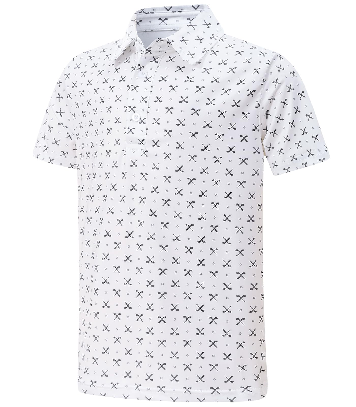 Boys white polo shirt with small all-over golf inspired print, short sleeves and classic collar for casual everyday wear.