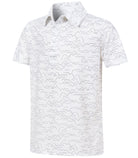 Boys white printed polo shirt with subtle all-over mountain pattern, short sleeves and a classic collared design.