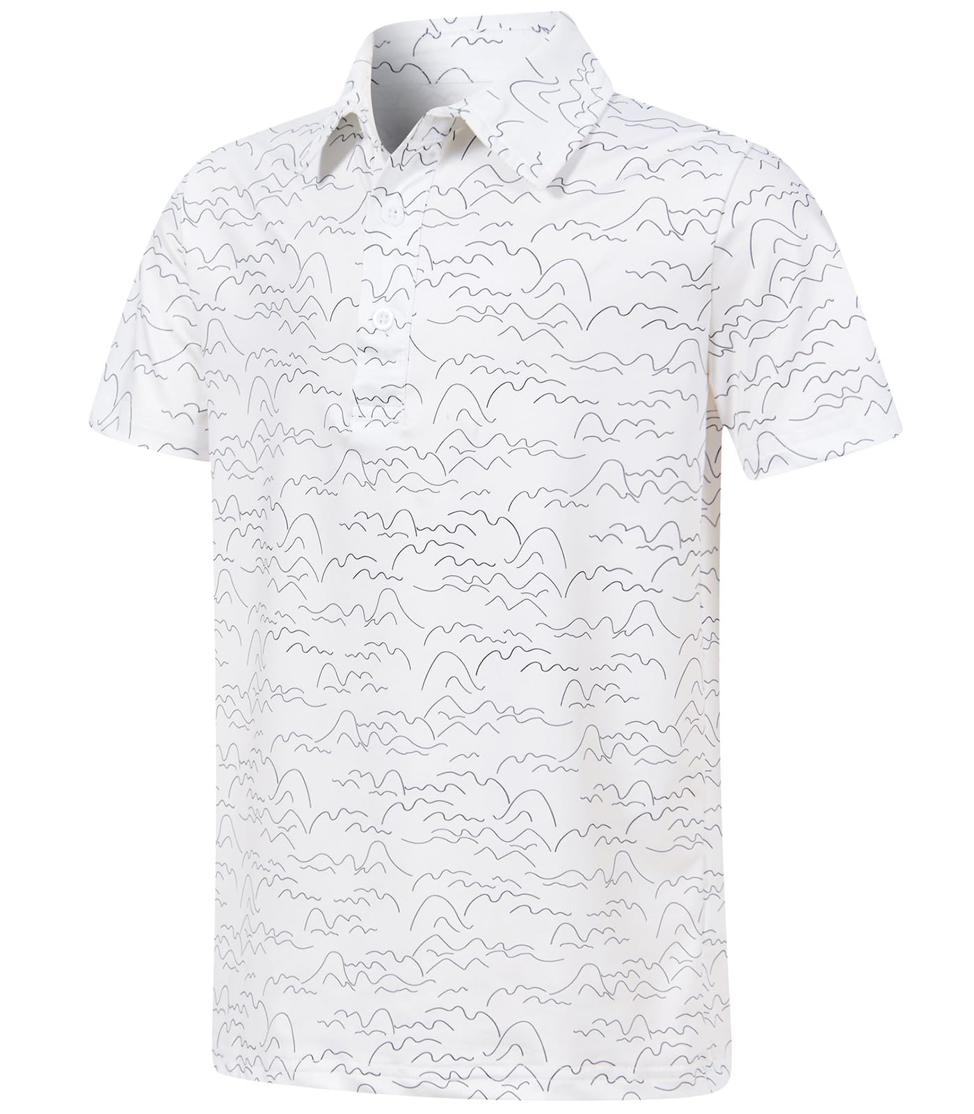 Boys white printed polo shirt with subtle all-over mountain pattern, short sleeves and a classic collared design.