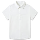 Boys white short sleeve button-up shirt with classic collar and clean solid design for school, parties and everyday summer outfits.