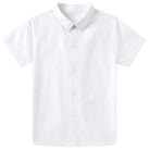 Boys solid white short sleeve button-down shirt with classic collar and clean lightweight design for school, parties and summer outfits.