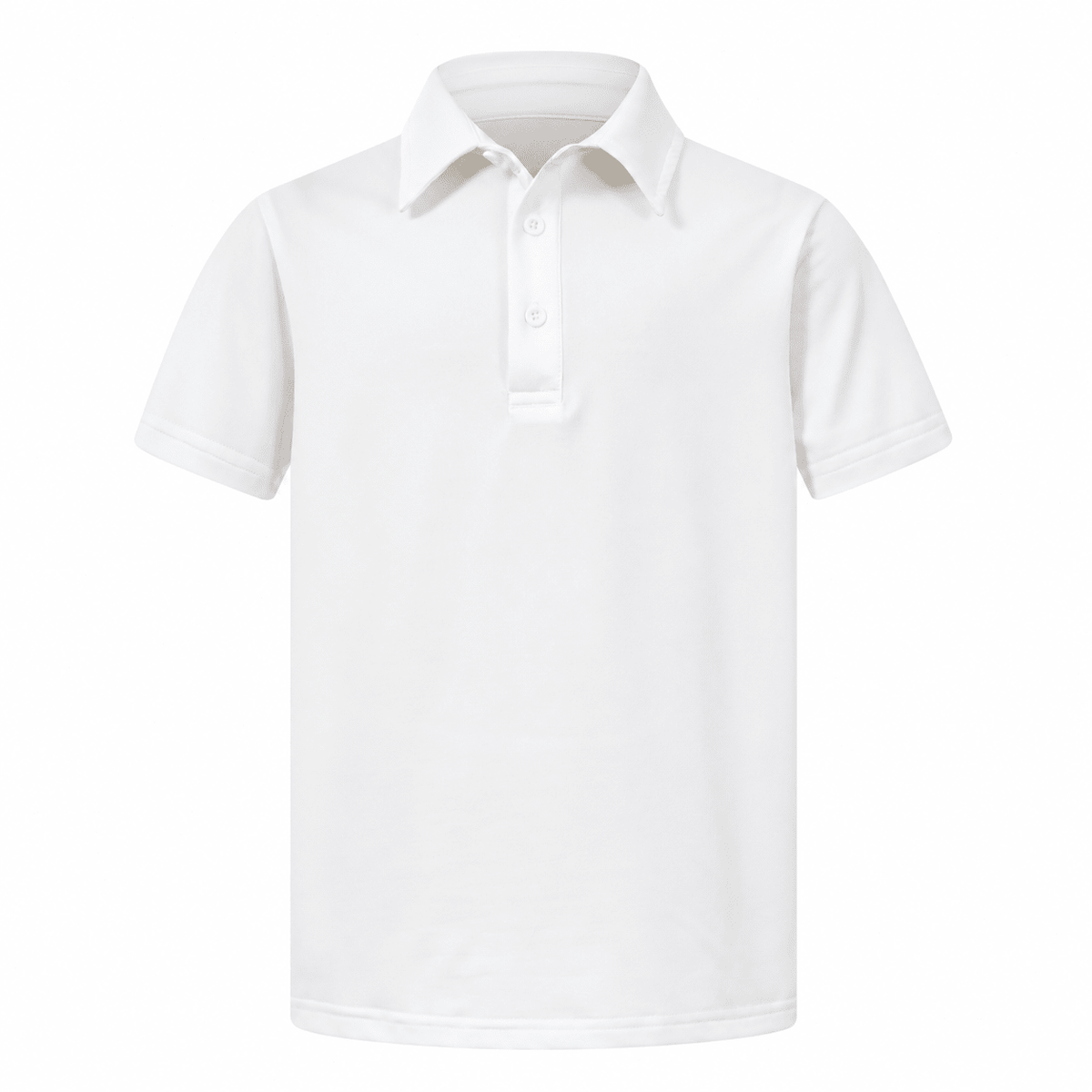 Boys white short sleeve polo shirt with classic collar and button placket, designed for school, casual outfits and everyday active wear.