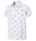 Boys white printed polo shirt with small tennis ball inspired graphics, short sleeves and a classic polo collar.