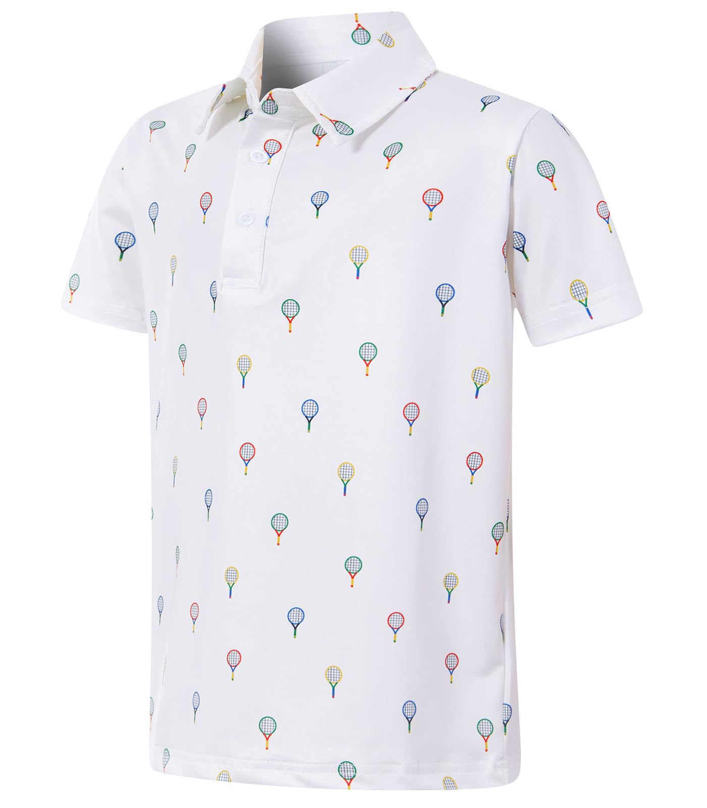 Boys white printed polo shirt with small tennis ball inspired graphics, short sleeves and a classic polo collar.
