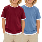 Boys wine red and grey blue color block T shirt set with comfortable cotton blend fabric for daily wear.