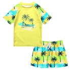 Boys Yellow Hawaii two-piece swim set with bright tropical print rash guard and matching yellow green swim trunks.