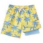 Boys yellow palm tree swim trunks with tropical print, quick dry fabric and comfortable fit for vacations.
