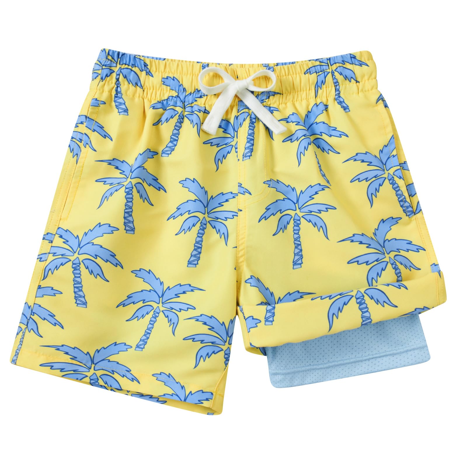 Boys yellow palm tree swim trunks with tropical print, quick dry fabric and comfortable fit for vacations.