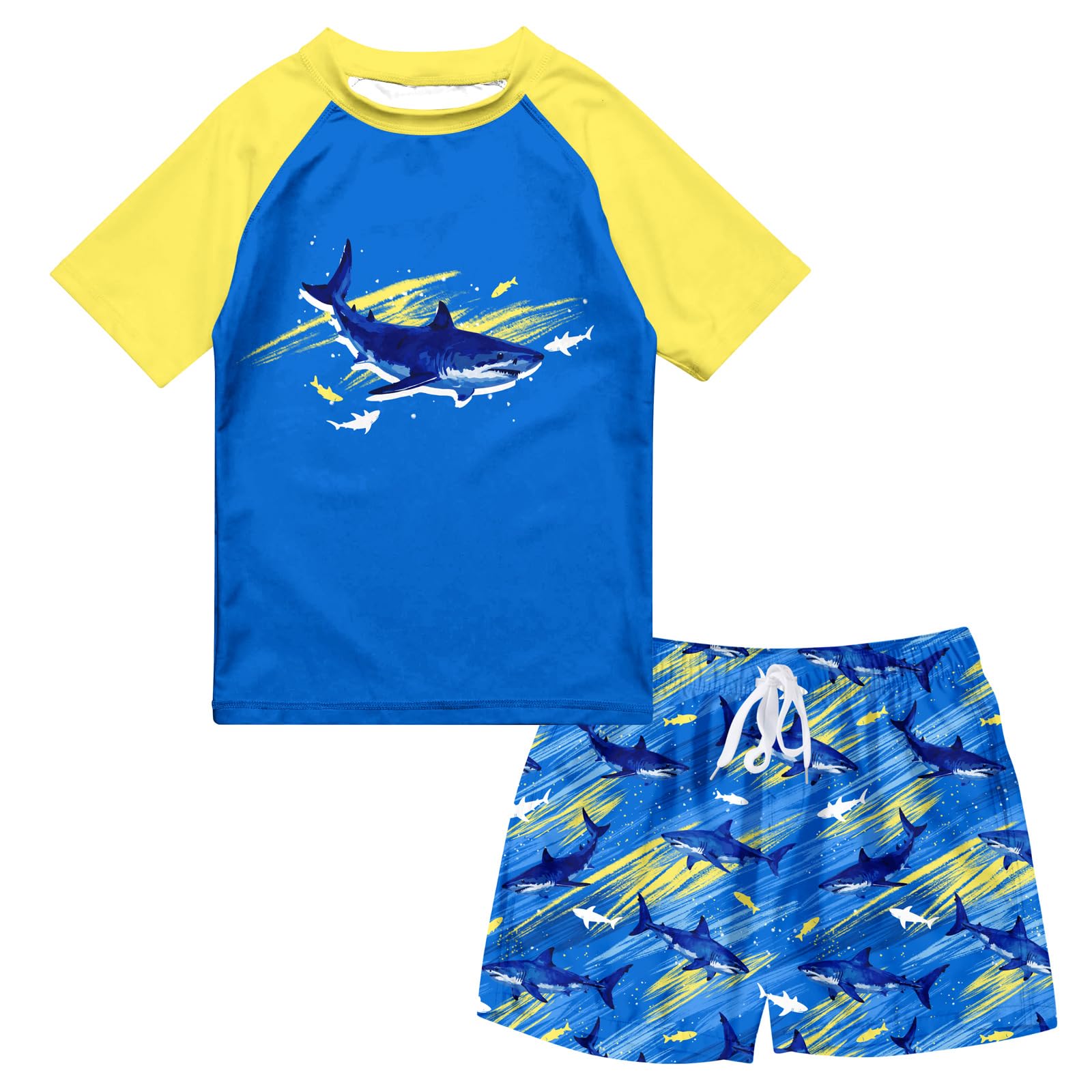 Boys Yellow Shark swim set with blue and yellow short sleeve rash guard and matching shark print swim trunks.