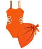 bright orange girls one piece swimsuit with beach wrap skirt