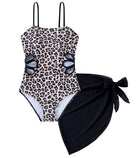 brown leopard girls one piece swimsuit with beach wrap skirt