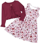 Girls burgundy floral dress with matching cardigan featuring a rich flower print design.