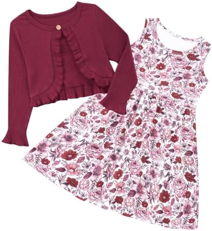 Girls burgundy floral dress with matching cardigan featuring a rich flower print design.