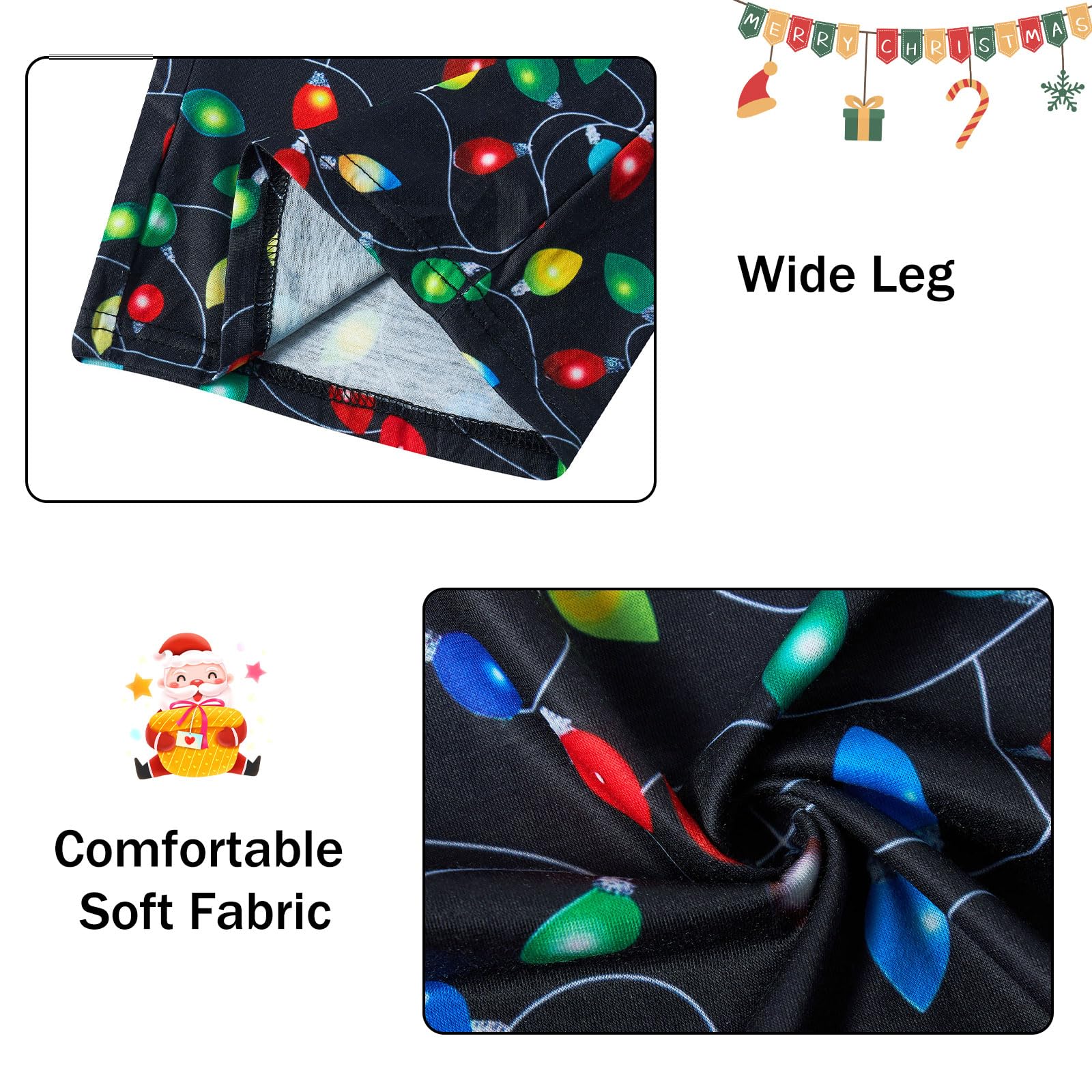 Close-up of men's Christmas lounge pants showing festive print details, soft polyester fabric and holiday pattern design.