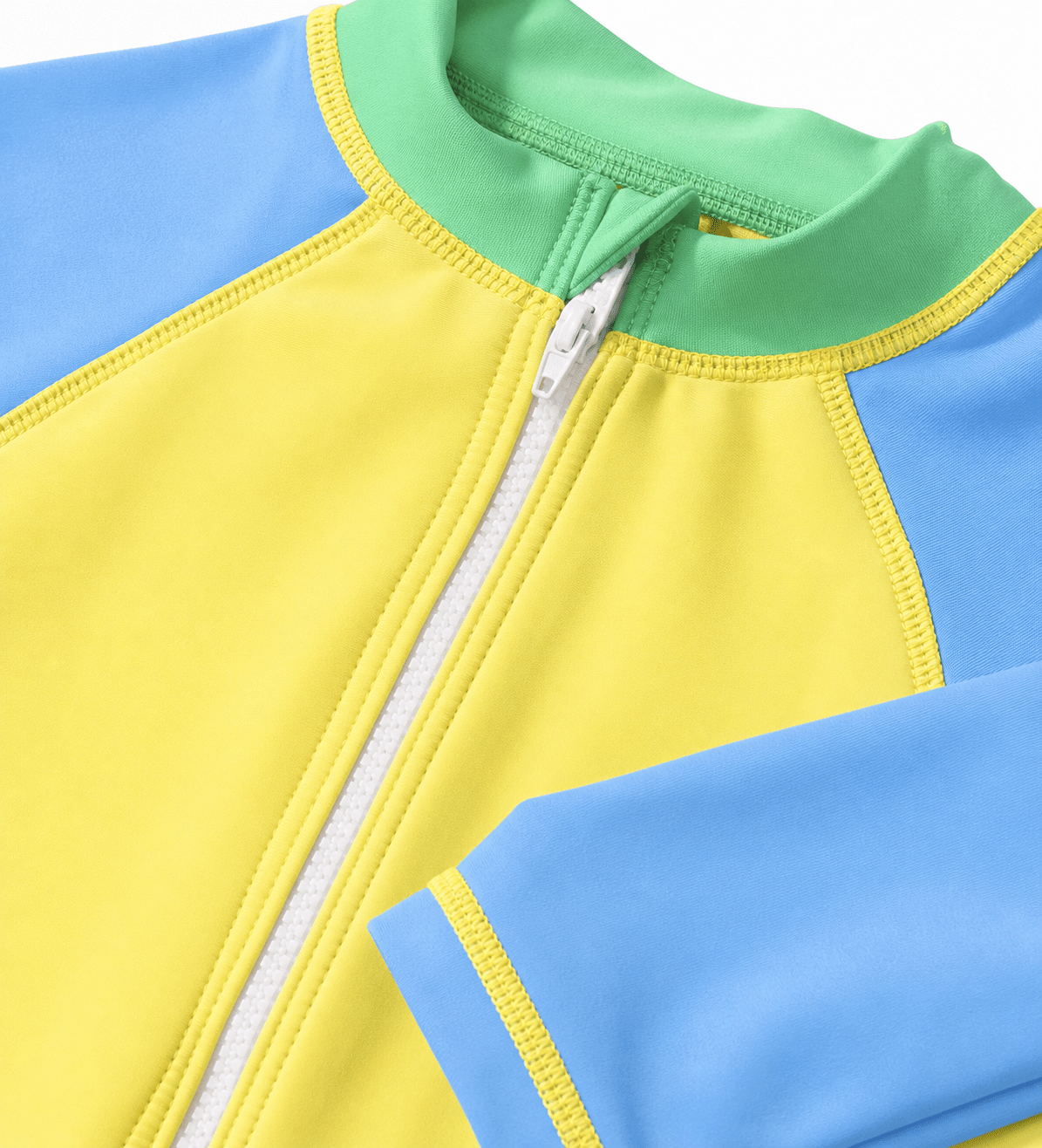 Close-up of toddler colorblock rash guard swimsuit showing the front zipper, long sleeve construction and contrast trim details.