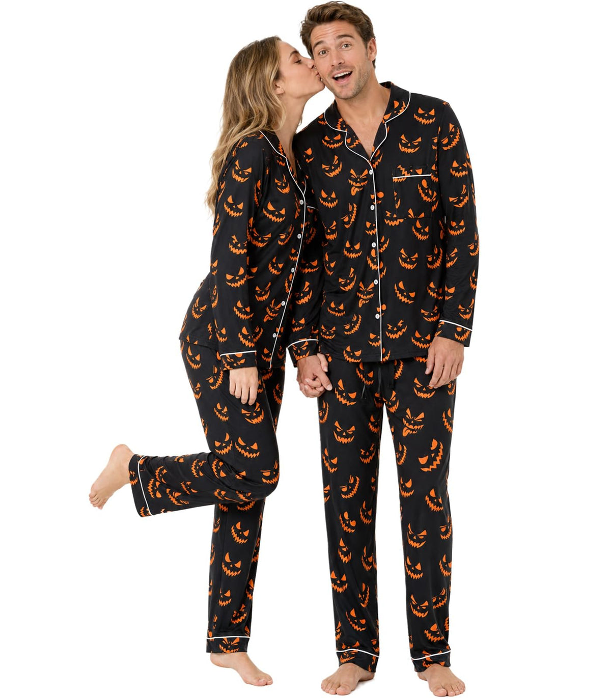 Black Devil print matching pajama set for couples with long sleeve button-down tops and relaxed pants for Halloween and cozy home wear.