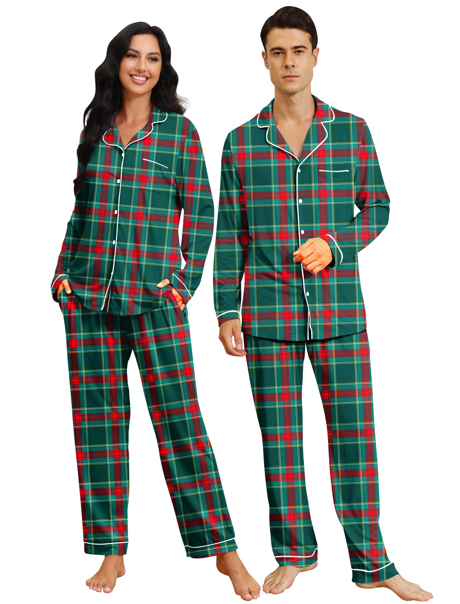 Checkered matching pajama set for couples with classic plaid pattern, button-down tops and relaxed pants for cozy holiday home wear.